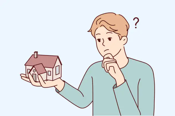 Vector illustration of Young man thinking of house mortgage