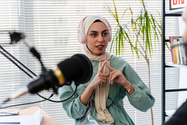 istock Muslim Female podcaster live streaming show 1430082568