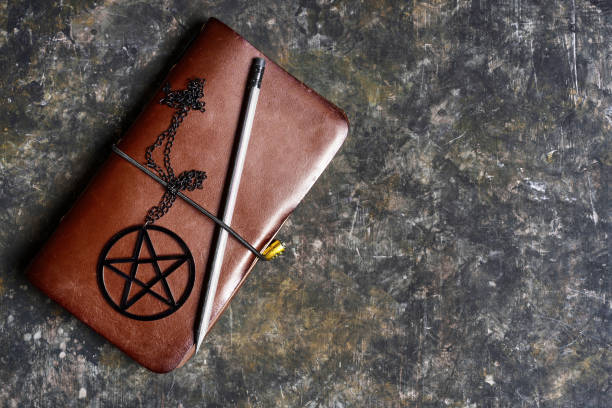 istock Leather journal and black pentagram necklace 1430085096