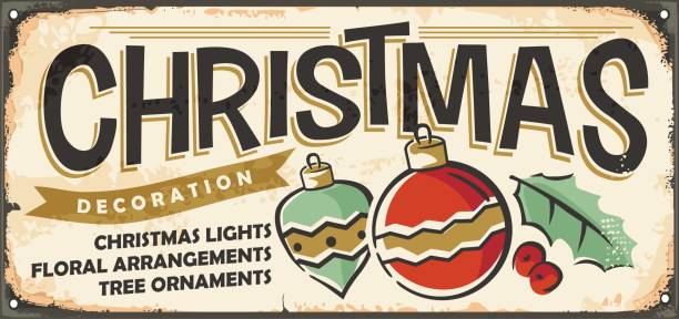 Christmas decoration and tree ornaments retro store sign board. Vintage advertisement for Christmas holidays. Retro vector sign with Christmas elements, floral arrangements and lettering.