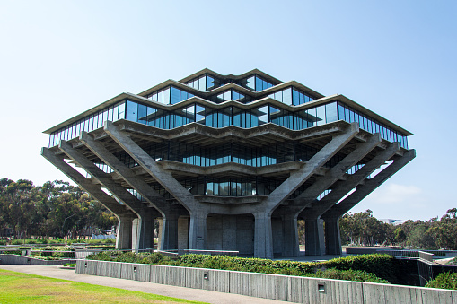 The iconic brutalist architecture, Geisel Library, on University of California San Diego's campus.