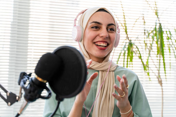 istock Muslim Female podcaster live streaming show 1430088424