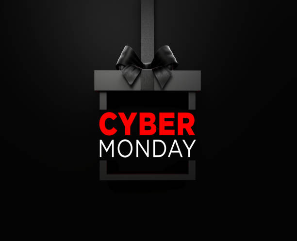 texto del cyber monday sentado dentro de una caja de regalo negra atada con una cinta negra sobre fondo negro - lunes cibernético fotografías e imágenes de stock