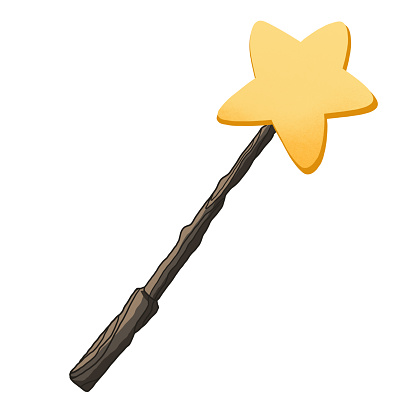 wand of witch, magician or illusionist isolated on white background with clipping path. wooden stick with star in cartoon hand drawn style. abracadabra and magic, fulfilling wishes. performance rod.