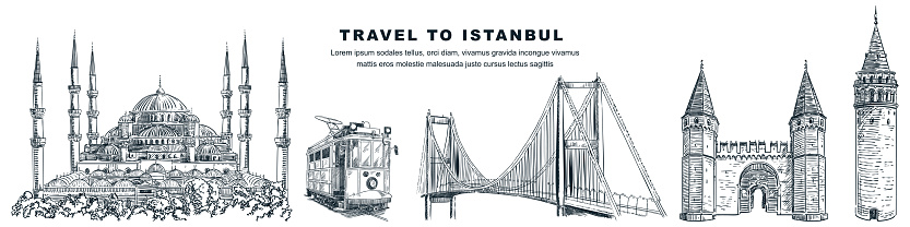 Travel to Istanbul hand drawn landmarks. Vector sketch illustration of Blue Mosque, Galata Tower, tram, Topkapi Palace