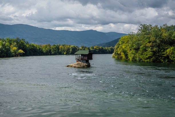 Fishing house on a rock in the middle of Drina river near Bajina Basta, Serbia