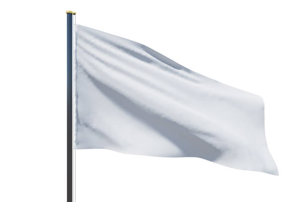istock Blank white flag waving in the wind with copyspace for your logo or text isolated on white background. 3D rendering, mock up 1430102469