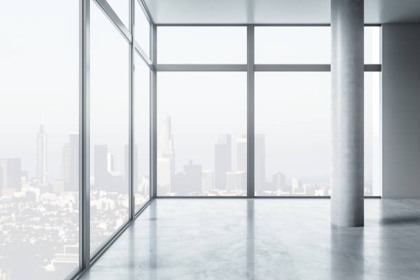 istock Real estate concept with front view on panoramic window corner with city skyline view in spacious abstract hall with concrete floor and column. 3D rendering 1430102517