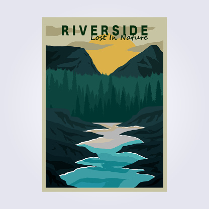 peak riverside mountain vintage poster vector classic illustration design water flow rafting
