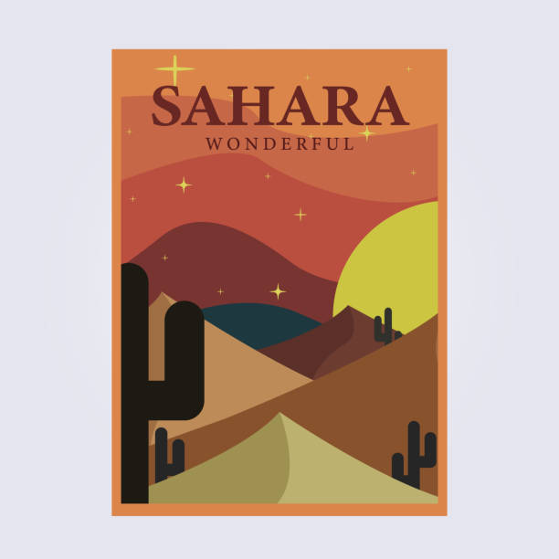 sahara wüste landschaft kaktus land vintage poster vektor klassische illustration design - camel desert travel safari stock-grafiken, -clipart, -cartoons und -symbole