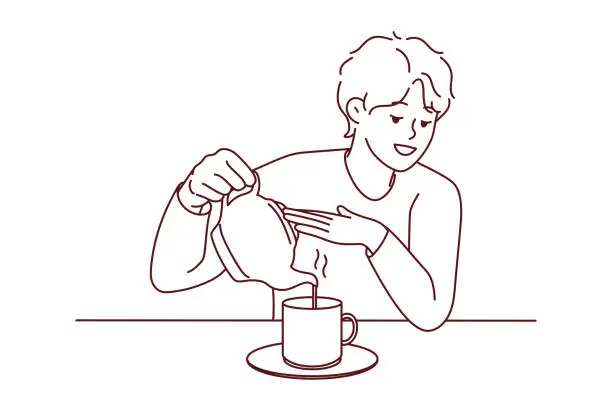 Vector illustration of Man pour tea from kettle in mug