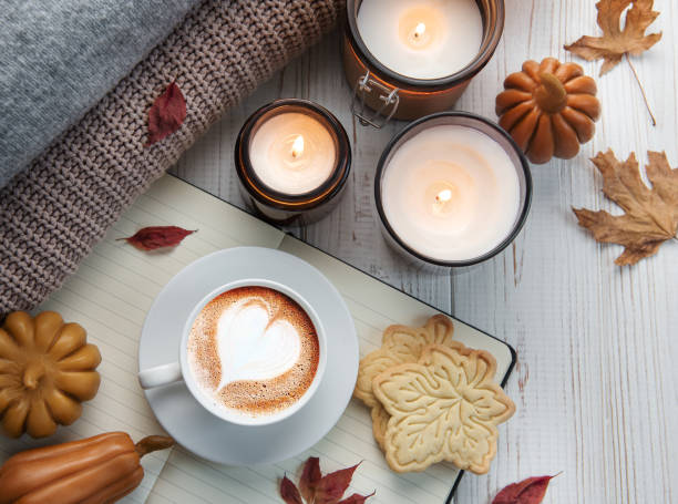 istock Fall flat lay with coffee and autumn decor 1430108429