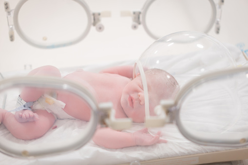 A newborn baby in an incubator in a hospital ward.