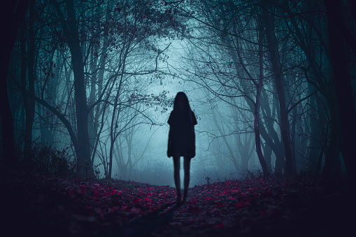 istock Girl on the road in a mysterious forest. Background wallpaper. Strange forest. Mystic atmosphere. Dark scary road. Paranormal another world. Ghost in the fog. The pursuit. Horrible dream. 1430115696