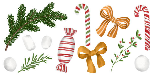 ilustrações, clipart, desenhos animados e ícones de conjunto de decoração de natal - backgrounds candy close up collection