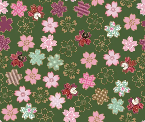 Vector illustration of Sakura flower blossom, Japanese traditional textile pattern seamless green background design.
