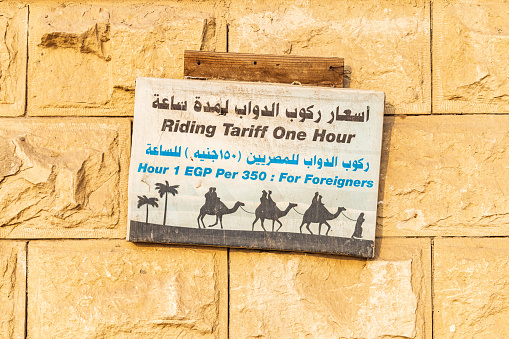 Giza, Cairo, Egypt. February 18, 2022. Sign for camel rides in Giza, Egypt.