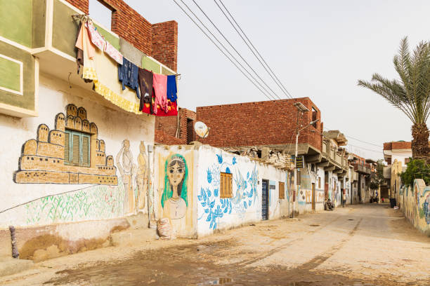 edificio decorado con murales en el pueblo de faiyum. - fayoum fotografías e imágenes de stock