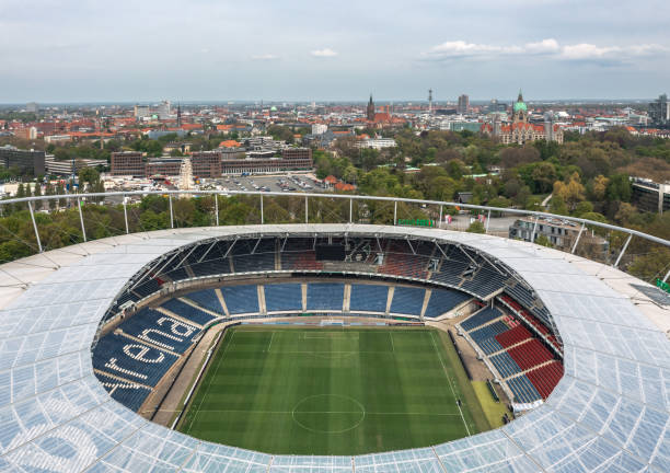 Hanover, Germany - May 2022: Aerial view of  Niedersachsenstadion (known as Heinz-von-Heiden-Arena or HDI-Arena), home stadium for Hannover 96 football club