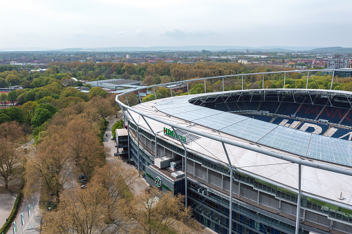 Hanover, Germany - May 2022: Aerial view of  Niedersachsenstadion (known as Heinz-von-Heiden-Arena or HDI-Arena), home stadium for Hannover 96 football club