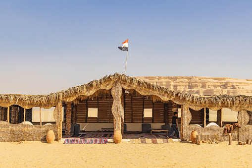 Wadi al Hitan, Faiyum, Egypt. February 20, 2022.Sun shelter building at Wadi el-Hitan paleontological site.