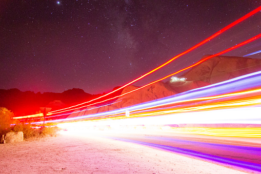 Car tail light light trails taken with a long exposure in Joshua Tree National Park.