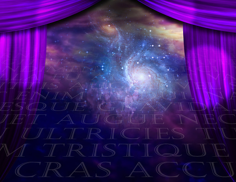 Stage curtains and latin text. 3D rendering