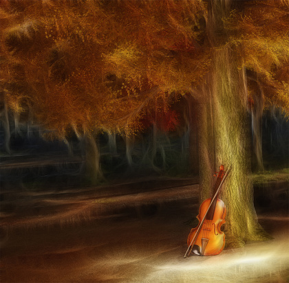 Violin music. Autumn forest. 3D rendering