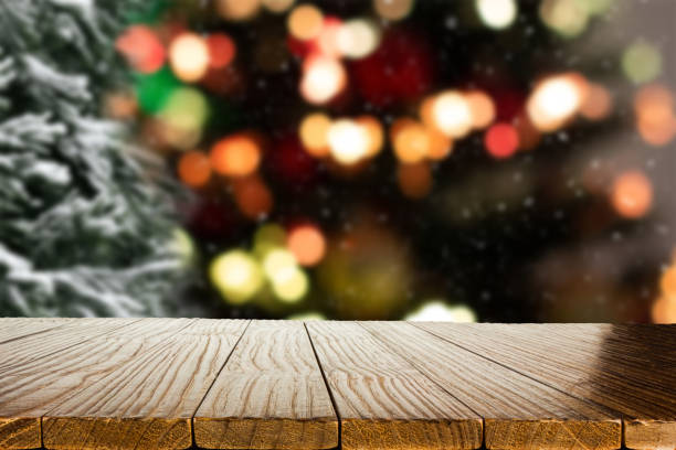 istock Blurred Christmas background with empty wooden table in focus. Empty display for product assembly 1430129961