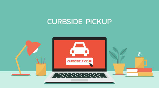 laptop curbside pick up grocery pickup, safe shopping in store, order online and curbside pick up without leaving car concept, vector design flat illustration service on laptop computer screen curbsidepickup stock illustrations