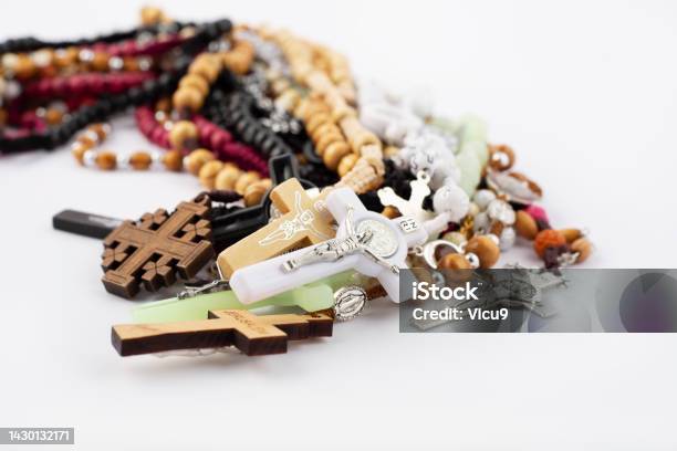 Set Of Traditional Christian Holy Religious Symbol Rosary Necklace Isolated On White Background Stock Photo - Download Image Now