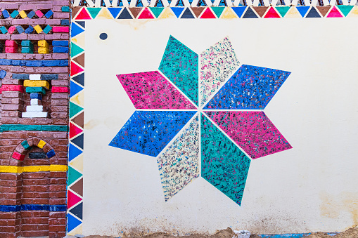 Luxor, Egypt. February 23, 2022. Colorful geometric mural on a building in Luxor.