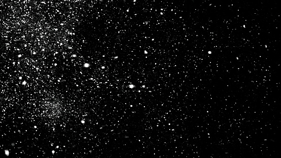 Abstract white dust particles floating on black background, monochrome. White dynamic motion of abstract snow.