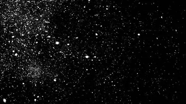 Photo of Abstract white dust particles floating on black background, monochrome. Animation. White dynamic motion of abstract snow.