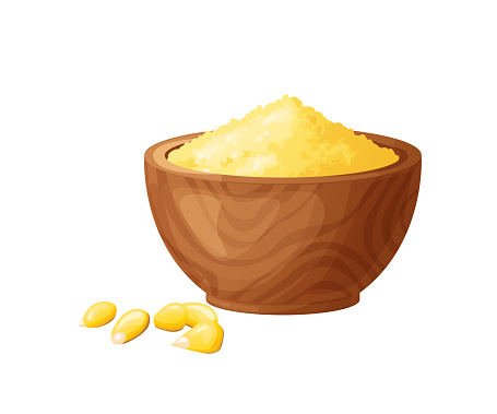 Corn flour in wooden bowl with seeds. Healthy gluten free food. Powde in organic product. Vector illustration isolated on white background.