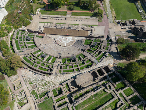 24th September 2022: Aerial drone view of the Ancient Roman Theatre of Fourvière, in the French city of Lyon. The historic UNESCO site dates back to around 15 BC, when Lyon was called Lugdunum, during Roman rule. The arena could once seat 10,000 people. It is the largest and oldest of two amphitheatres at Fourvière.