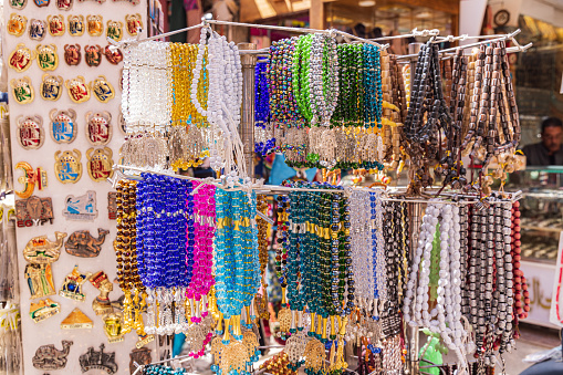 Thebes, Luxor, Egypt. February 24, 2022. Beaded necklaces at a market in Luxor.