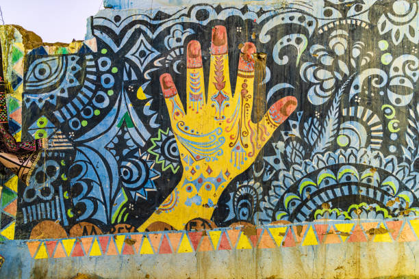 Luxor, Egypt. February 23, 2022. Mural of a hennaed hand in Luxor.
