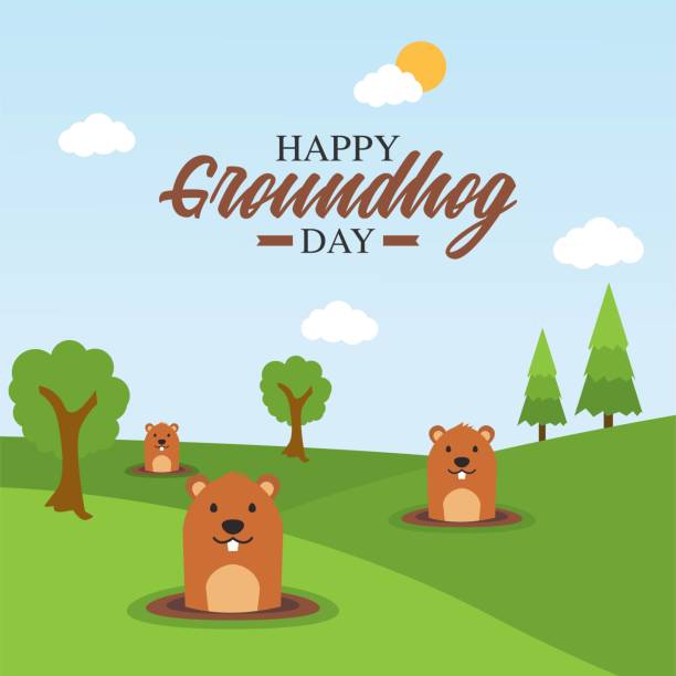ilustraciones, imágenes clip art, dibujos animados e iconos de stock de ilustración de vectores del día de la marmota feliz. adecuado para cartel de tarjeta de felicitación y banner - groundhog