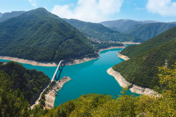 Famous Piva canyon and  bridge across the lake. Nature travel background,   Plužine Municipality, Montenegro. Famous Piva canyon and  bridge across the lake. Nature travel background,   Plužine Municipality, Montenegro. durmitor national park photos stock pictures, royalty-free photos & images