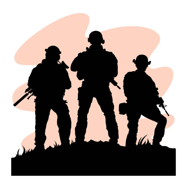 illustrazioni stock, clip art, cartoni animati e icone di tendenza di soldati che indossano uniformi militari con pistola su sfondo rosso. illustrazione vettoriale. - sniper army rifle shooting