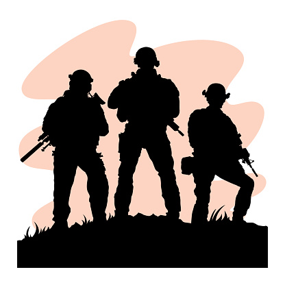 Soldiers wearing military uniforms with gun on red background. Vector illustration.