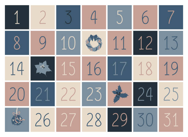 Numbers from 1 to 31 for advent calendar Set of cute numbers from 1 to 31 for advent calendar. Vector isolated elements for design. Calm pastel colors. 12 17 months stock illustrations