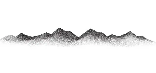 Vector illustration of Grain stippled mountains. Dotted landscape and terrain. Black and white grainy hills in dotwork style. Grunge noise stochastic background. Pointillism textured wallpaper. Vector