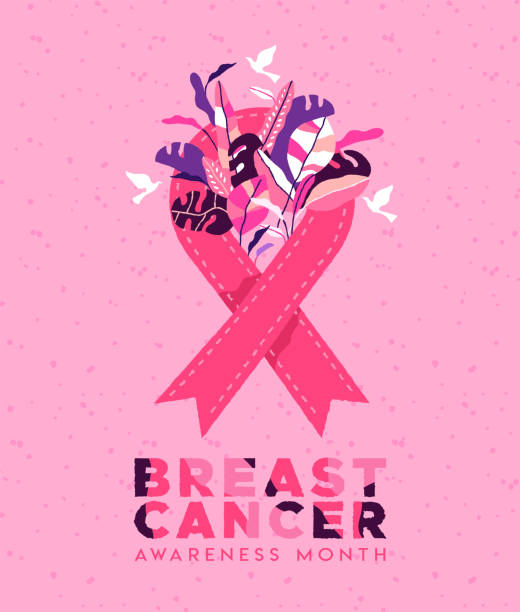 Breast cancer awareness pink tropical leaf ribbon Breast Cancer Awareness month campaign illustration, hand drawn pink ribbon with tropical garden plants and white birds flying. Trendy women health care design for solidarity, disease prevention. beast cancer awareness month stock illustrations