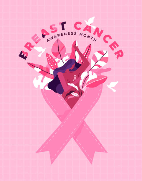 유방암 달 열대 잎 여성 카드 - beast cancer awareness month stock illustrations