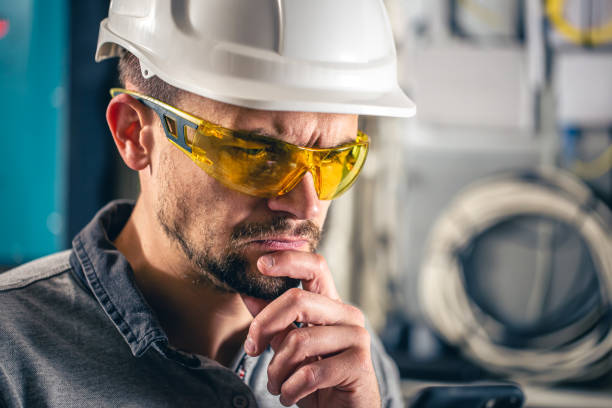 istock Man, an electrical technician working in a switchboard with fuses. 1430150485