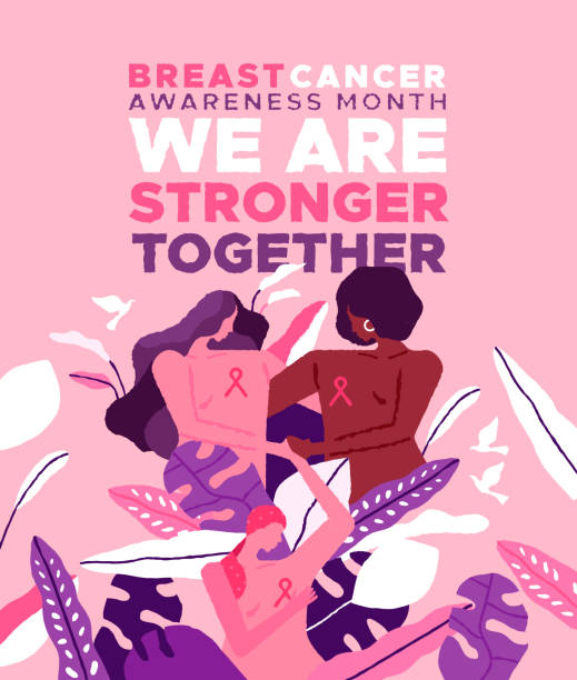 breast cancer month diverse women friend card - beast cancer awareness month stock illustrations