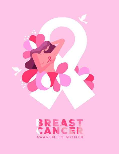 świadomość raka piersi różowa karta ocalałej kobiety - beast cancer awareness month stock illustrations