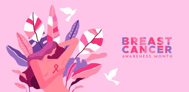 Breast Cancer month banner of pink tropical woman Breast Cancer Awareness Month banner illustration of beautiful woman survivor in tropical nature with pink ribbon. Trendy hand drawn style design for disease prevention campaign. beast cancer awareness month stock illustrations